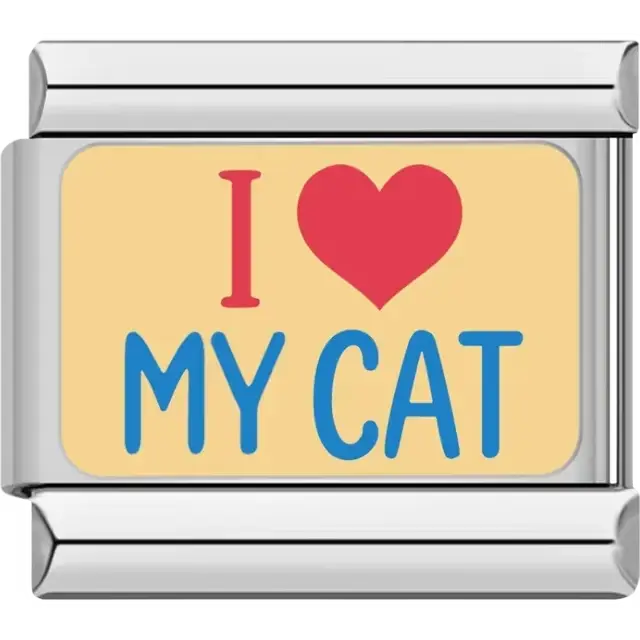"I ♥ MY CAT" text in red and blue on a beige background Italian charm bracelet link