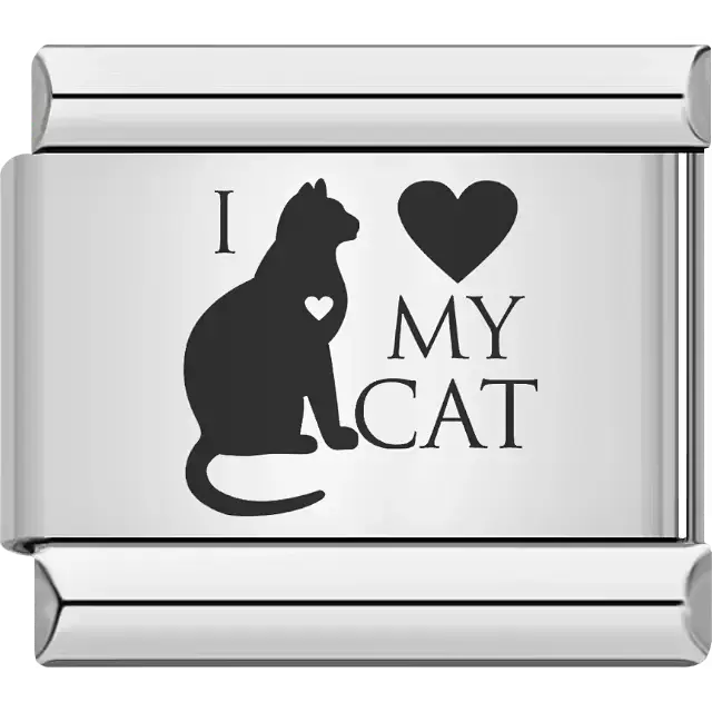 Black silhouette of a sitting cat with a heart detail and "I ❤️ MY CAT" text Italian charm bracelet link