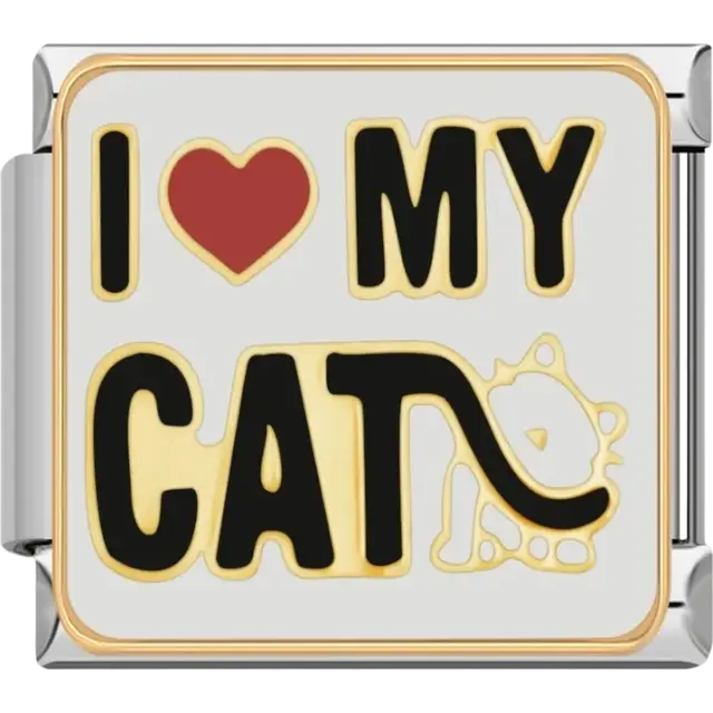White charm with I Love My Cat text red heart and gold-outlined cat Italian charm bracelet link