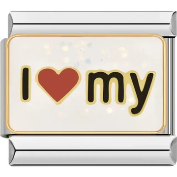 "I ♥ My" text with red heart and glitter accents Italian charm bracelet link