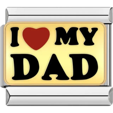 Gold charm with “I ♥ My Dad” text in black and red Italian charm bracelet link