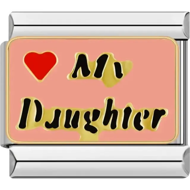 "I Love My Daughter" text design with a red heart and gold accents on a pink background Italian charm bracelet link