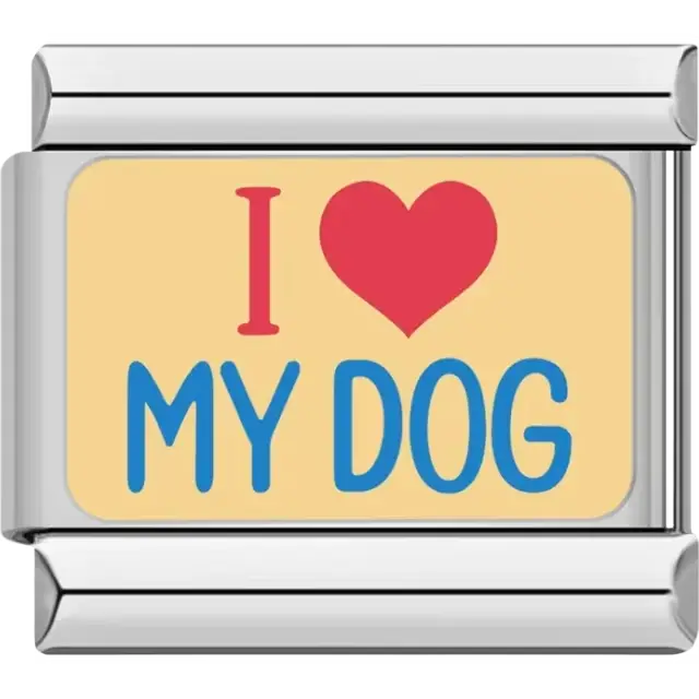 "I ♥ MY DOG" text in red and blue on a beige background Italian charm bracelet link