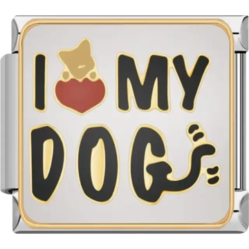 "I Love My Dog" text with a dog silhouette and red heart accent Italian charm bracelet link