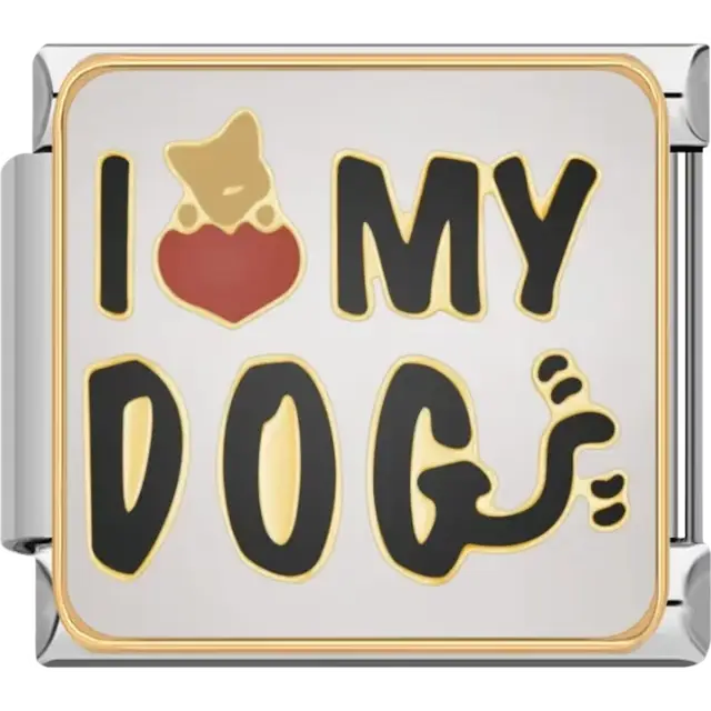 "I Love My Dog" text with a dog silhouette and red heart accent Italian charm bracelet link