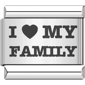 Bold black "I ♥ MY FAMILY" text Italian charm bracelet link