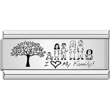 Black tree with five family figures and text "I ♥ My Family!" Italian charm bracelet link