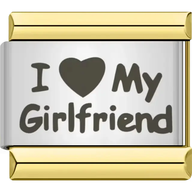 Black text with heart symbol spelling "I ♥ My Girlfriend" Italian charm bracelet link