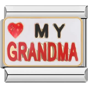 "I Love My Grandma" text with a red heart and gold accents Italian charm bracelet link