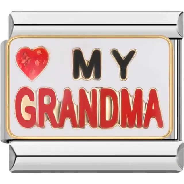 "I Love My Grandma" text with a red heart and gold accents Italian charm bracelet link