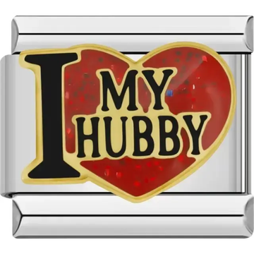 Red heart design with I Love My Hubby text in bold black Italian charm bracelet link