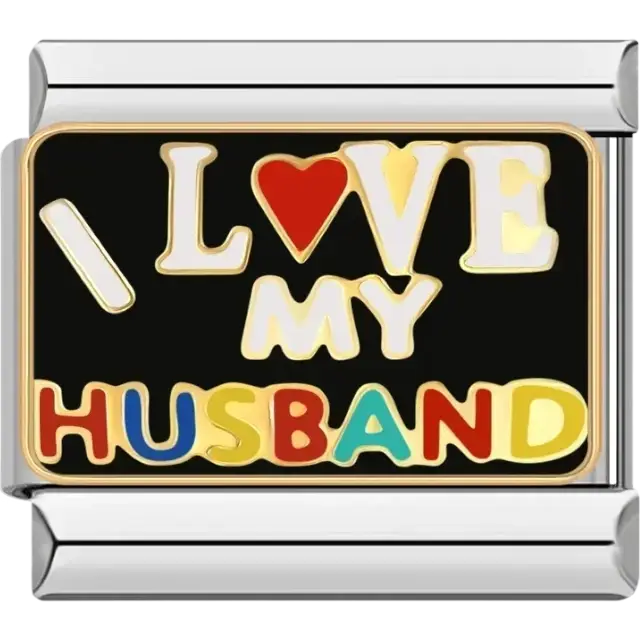 “I Love My Husband” text with colorful lettering on a black background Italian charm bracelet link