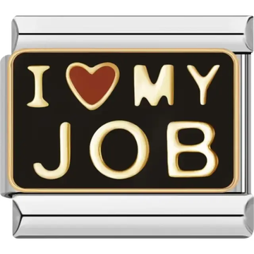 Black background with gold lettering "I ♥ My Job" and a red heart accent Italian charm bracelet link