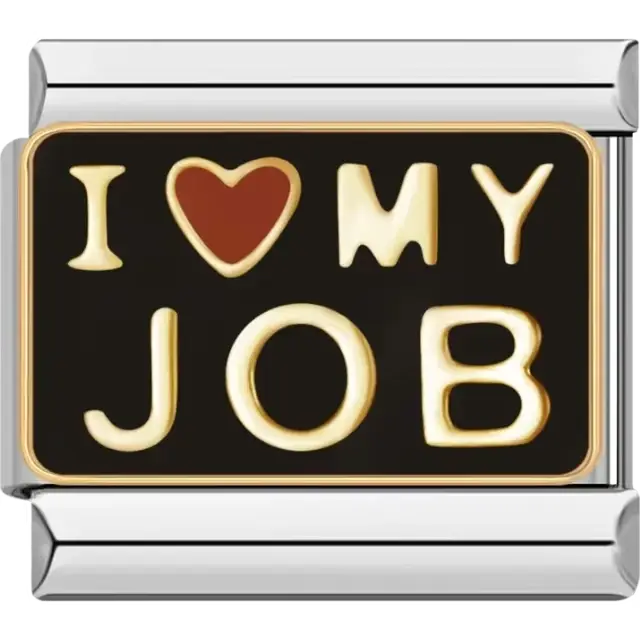 Black background with gold lettering "I ♥ My Job" and a red heart accent Italian charm bracelet link