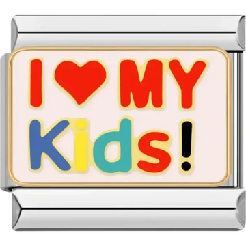 "I ♥ My Kids!" text design with colorful lettering on a white background Italian charm bracelet link