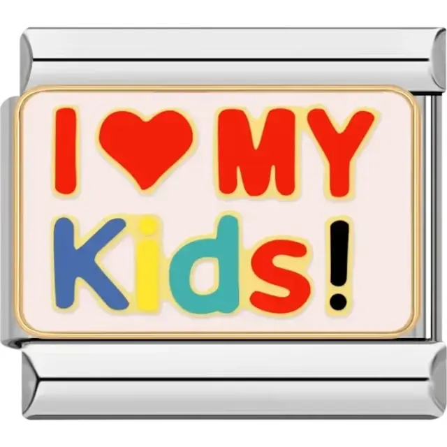 "I ♥ My Kids!" text design with colorful lettering on a white background Italian charm bracelet link