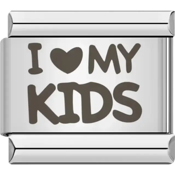 Black text with heart symbol spelling "I ♥ My Kids" Italian charm bracelet link