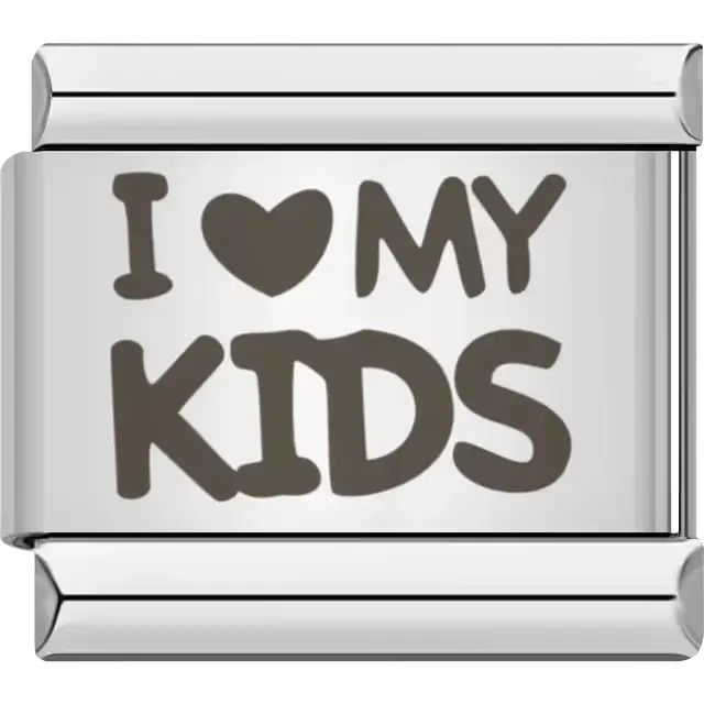 Black text with heart symbol spelling "I ♥ My Kids" Italian charm bracelet link