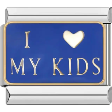 "I Love My Kids" text design with a blue background and a white heart Italian charm bracelet link