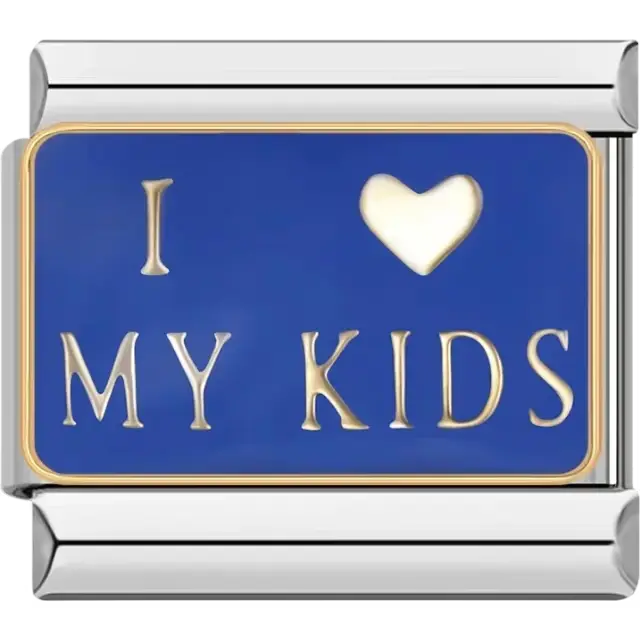 "I Love My Kids" text design with a blue background and a white heart Italian charm bracelet link