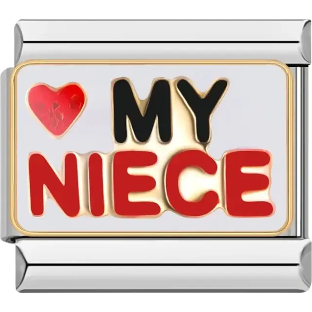 "I Love My Niece" text with a red heart and gold accents Italian charm bracelet link