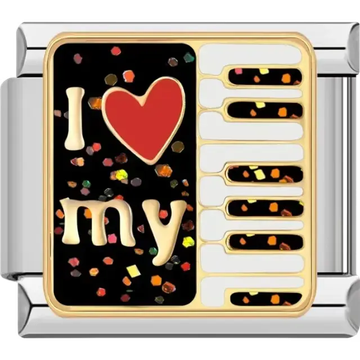 Black and gold charm with "I ❤️ My" text and piano keys accented with confetti details Italian charm bracelet link