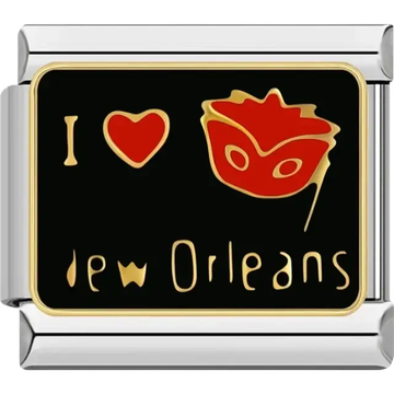 Black charm with gold “I Love New Orleans” text and red masquerade mask detail Italian charm bracelet link