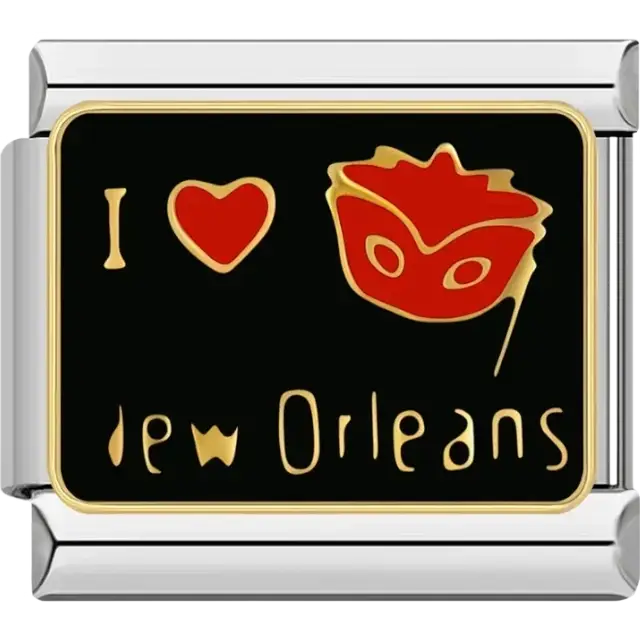 Black charm with gold “I Love New Orleans” text and red masquerade mask detail Italian charm bracelet link