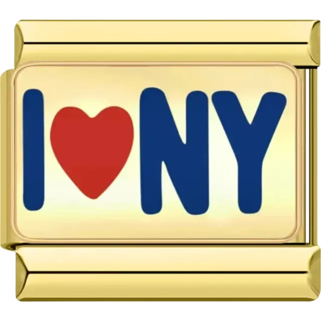 "I ♥ NY" text design with red heart and blue lettering Italian charm bracelet link