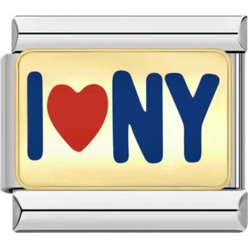 "I ♥ NY" text design with red heart and blue lettering Italian charm bracelet link