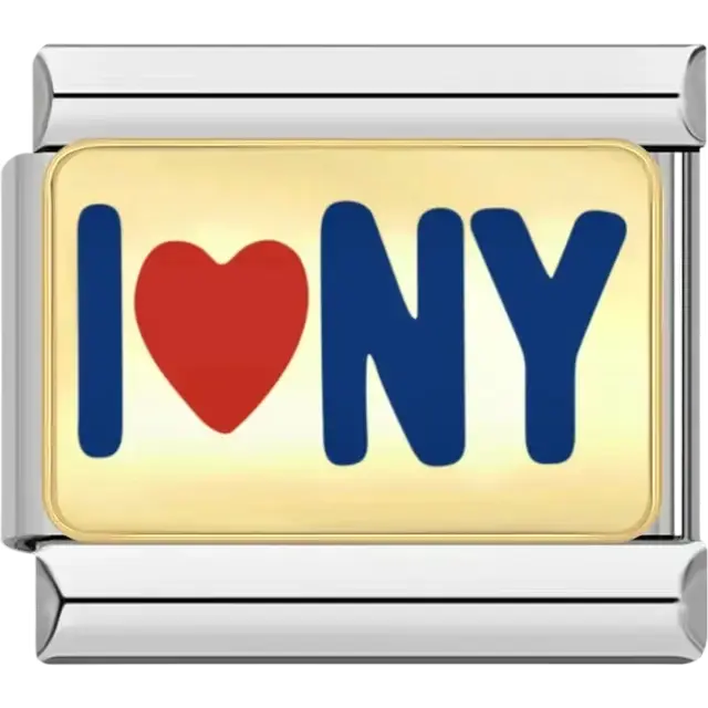 "I ♥ NY" text design with red heart and blue lettering Italian charm bracelet link