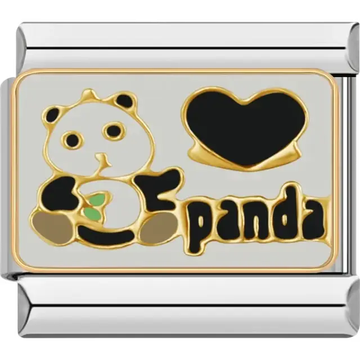 Sitting black and white panda with a green leaf gold heart and "panda" text Italian charm bracelet link