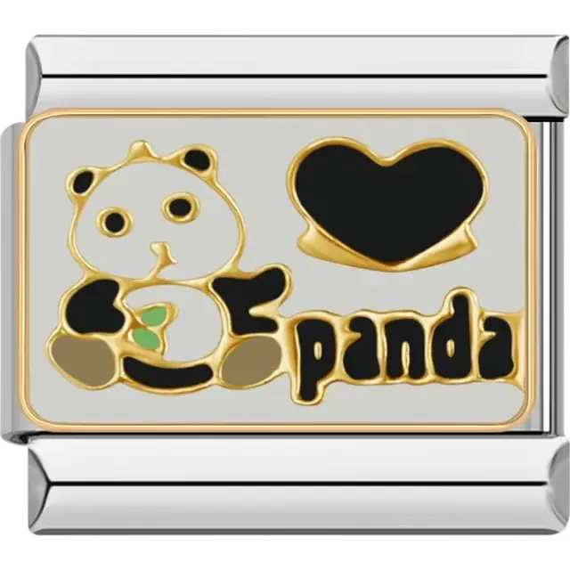 Sitting black and white panda with a green leaf gold heart and "panda" text Italian charm bracelet link