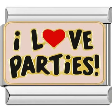 Pink charm with "I ♥ Parties!" text in black and gold accents and a bold red heart Italian charm bracelet link