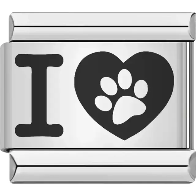 “I ♥ Paw Print” design featuring a paw symbol inside a heart Italian charm bracelet link