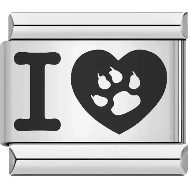 “I ♥ Paw Print” design featuring a paw symbol inside a heart Italian charm bracelet link