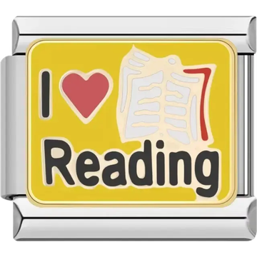 "I Love Reading" text design with a red heart and open book on a yellow background Italian charm bracelet link