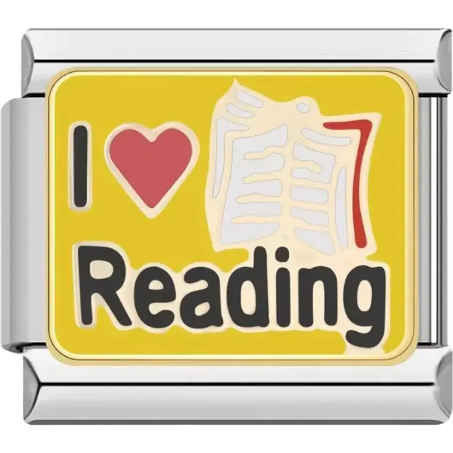 "I Love Reading" text design with a red heart and open book on a yellow background Italian charm bracelet link
