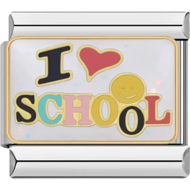 "I Love School" text with multicolor letters and yellow smiley face Italian charm bracelet link