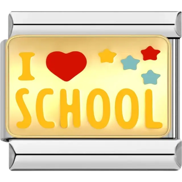 Yellow "I Love School" design with a red heart and colorful stars Italian charm bracelet link
