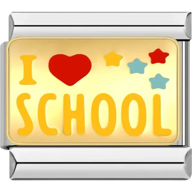 Yellow "I Love School" design with a red heart and colorful stars Italian charm bracelet link