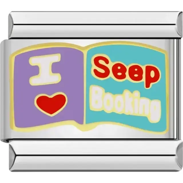 Colorful charm with "I ♥ Seep Booking" text on an open book design Italian charm bracelet link