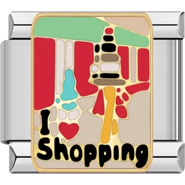 Colorful "I ♥ Shopping" design with shopping bags and vibrant details outlined in gold Italian charm bracelet link