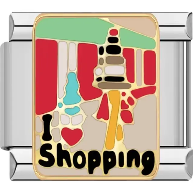Colorful "I ♥ Shopping" design with shopping bags and vibrant details outlined in gold Italian charm bracelet link