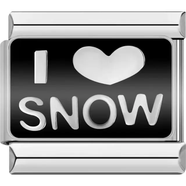 Silver “I ♥ SNOW” text on a black background Italian charm bracelet link