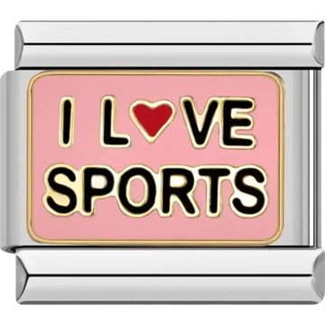 “I Love Sports” text with a red heart on a pink background Italian charm bracelet link