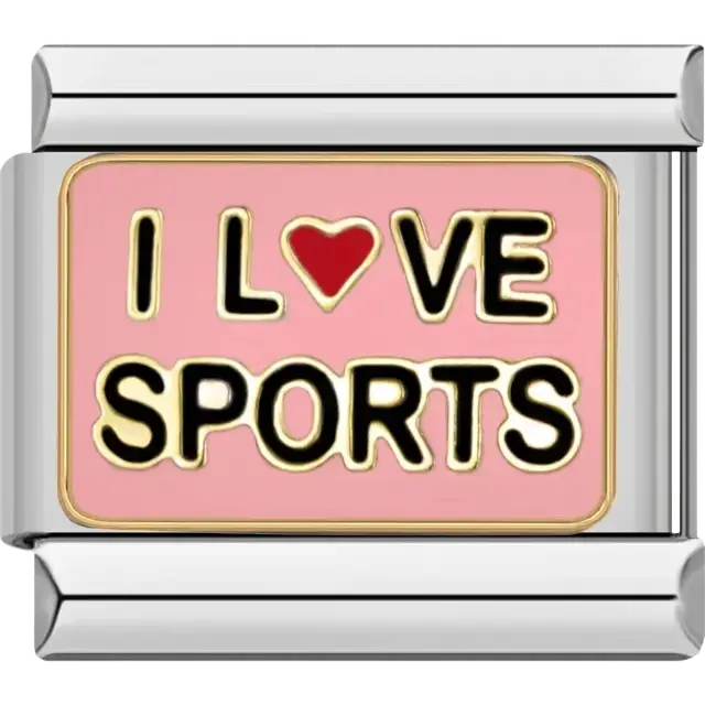 “I Love Sports” text with a red heart on a pink background Italian charm bracelet link