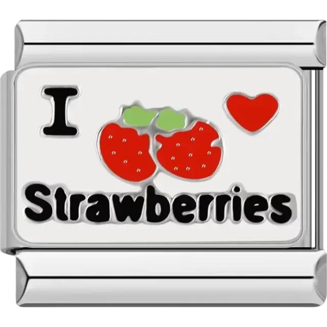 White charm with "I ♥ Strawberries" text, two red strawberries, and a red heart Italian charm bracelet link
