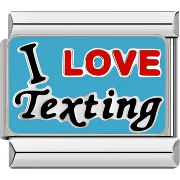 Blue charm with "I Love Texting" text in red, black, and white Italian charm bracelet link