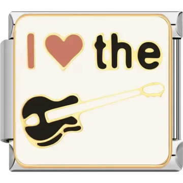 "I Love the Guitar" text with a red heart and black guitar design Italian charm bracelet link